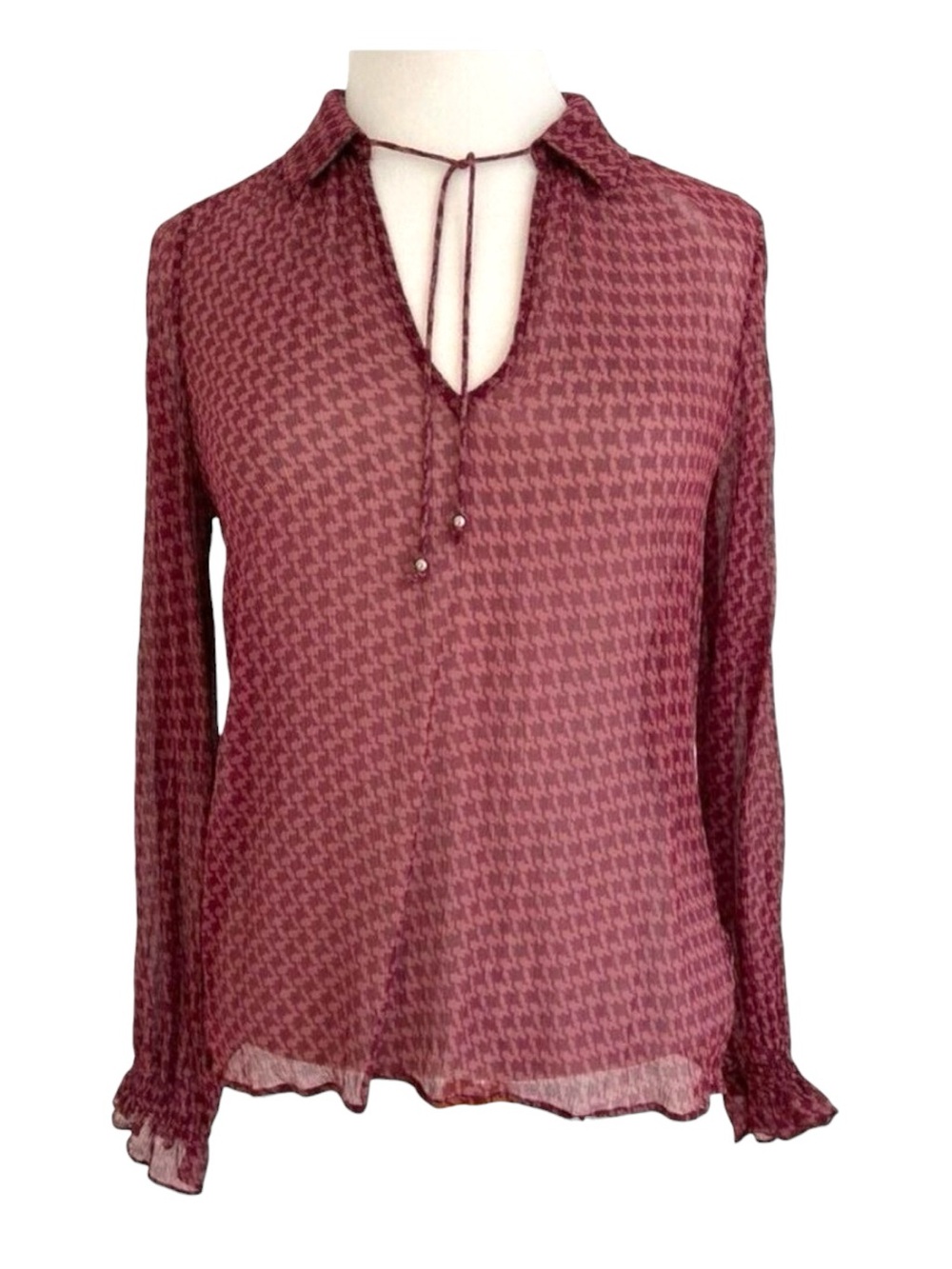 Paige Brea 100% Silk Burgundy Red Houndstooth Blouse Sheer Small houndstooth